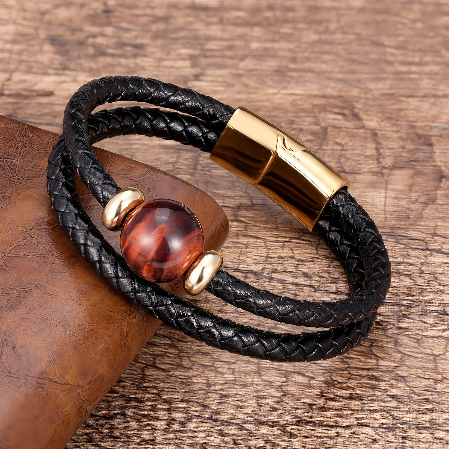 Vintage Double Layer Woven Leather Bracelet Stainless Steel Magnetic Buckle Natural Tiger Eye Stone Beads Wristband Jewelry
