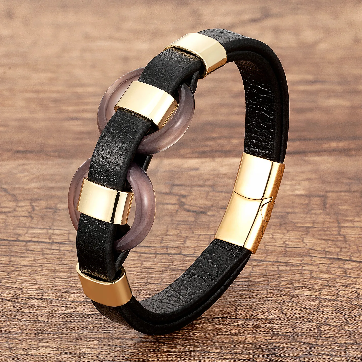 Bracelet en Cuir Vintage Unisexe Fermoir Magnétique en Acier Inoxydable Incrusté de Pierres Jonc Tissé Bijoux de Mode Cadeau