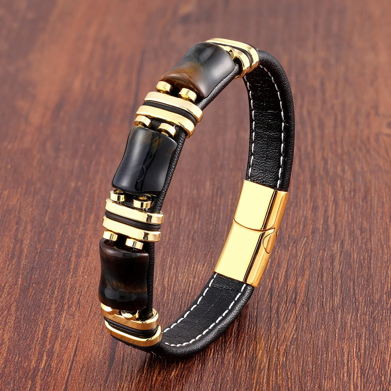 Bracelet Vintage en Cuir pour Homme Avec Pierre Oeil de Tigre Fermoir Magnétique en Acier Inoxydable Corde Tressée Bijoux