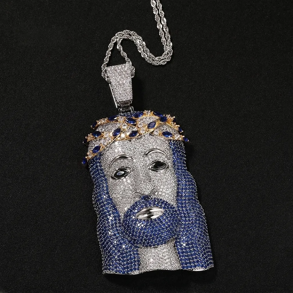 Collana con Pendente Testa di Gesù Uomo Hip Hop Zirconia Blu Bianca Rame Intarsiato Catena Corda Argento Gioielli