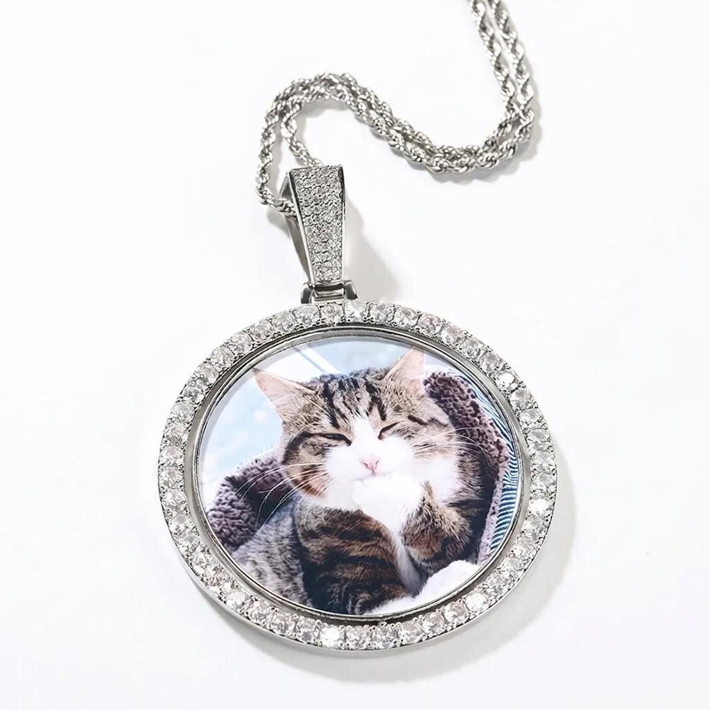 Hip Hop Rotating Double Sided Photo Frame Pendant Necklace Copper Zirconia Iced Out Medallion Memory Jewelry For Men Women