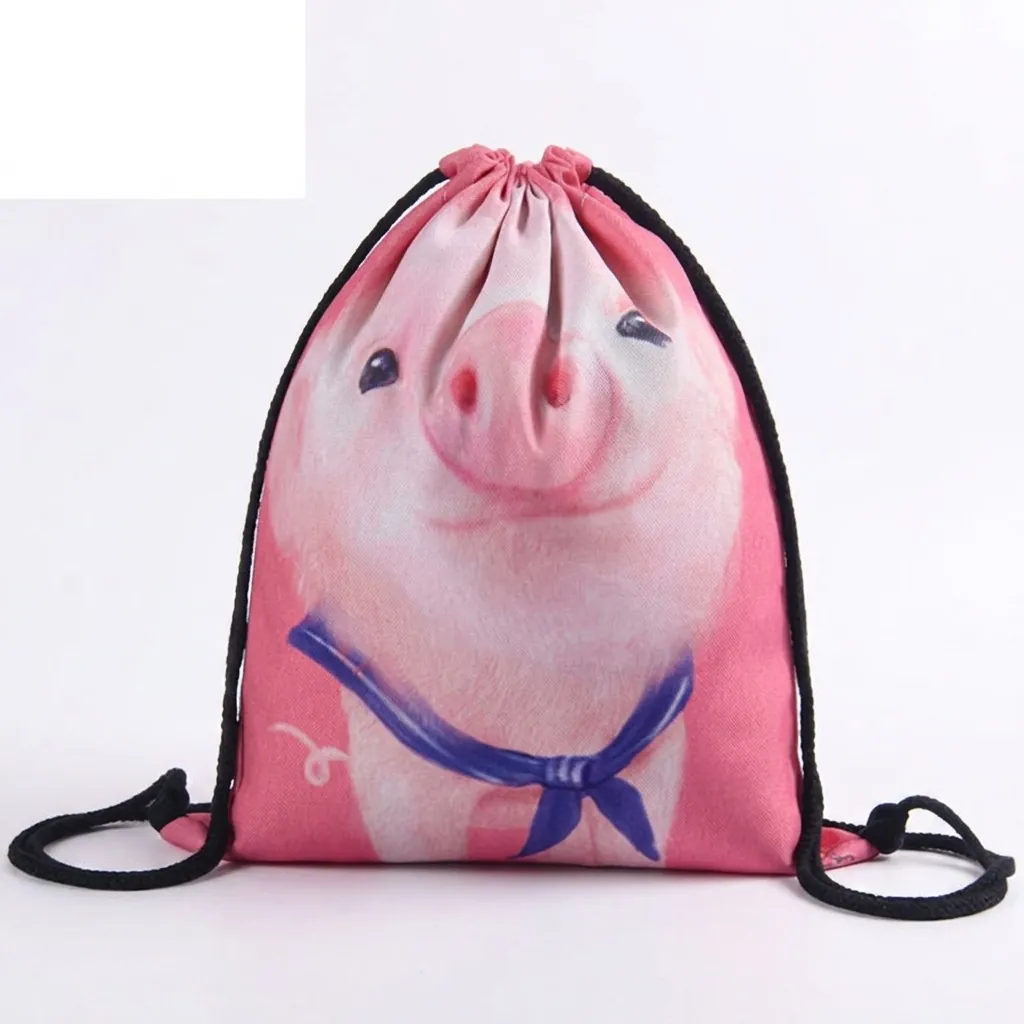 Sac à Cordon Imprimé Numérique Motif Cochon de Dessin Animé en Polyester Léger Sac de Rangement Voyage Pour Femmes Enfants