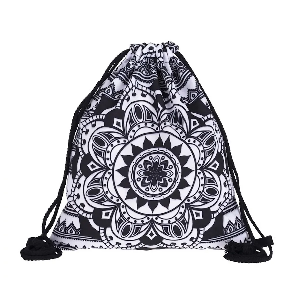 Mandala Drawstring Backpack Polyester Lightweight Travel Storage Bag Bohemian Style Geometric Floral Pattern For Women Men Kids