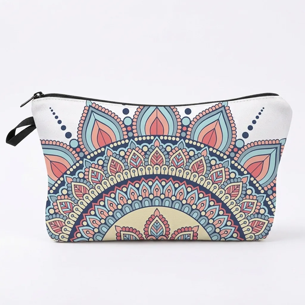 Mandala Print Makeup Bag For Women Portable Travel Cosmetic Pouch Waterproof Polyester Zipper Toiletry Organizer Handbag