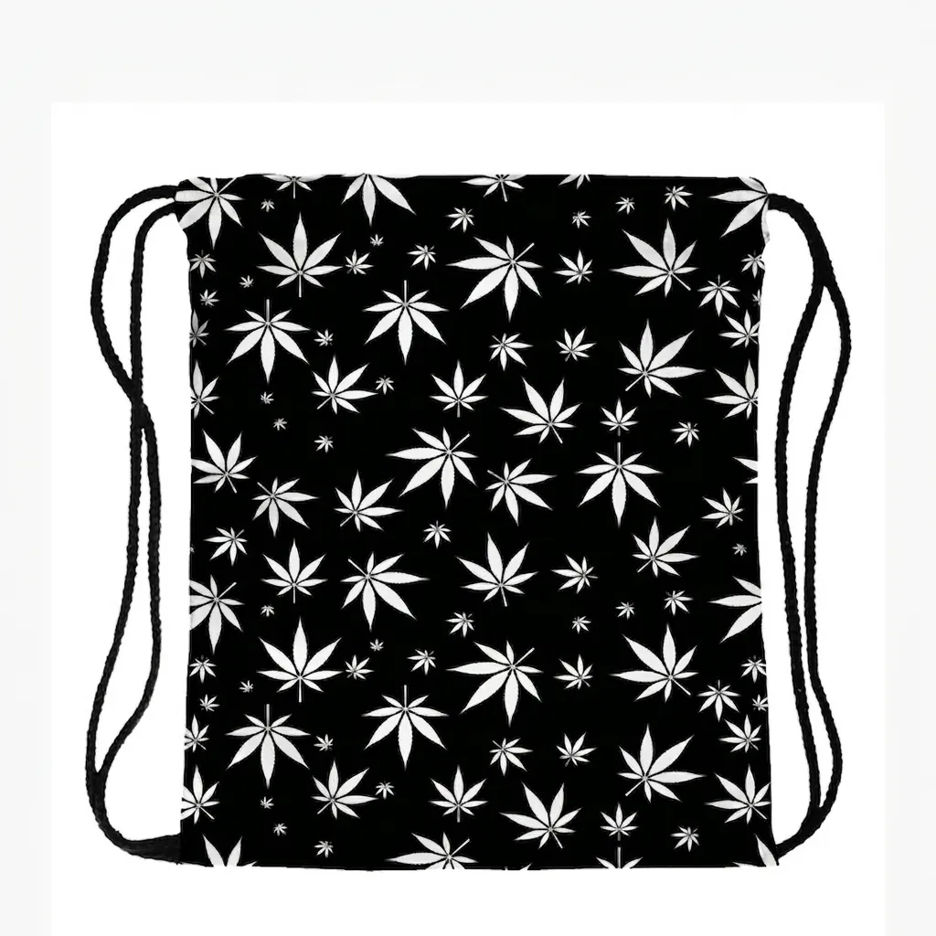 Unisex Drawstring Backpack Polyester Black White Leaf Print Sports Sackpack For Travel Storage Lightweight Gym Bag