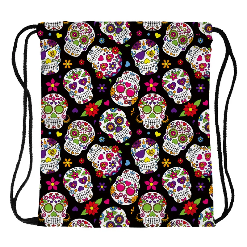 Mexican Sugar Skull Drawstring Backpack Polyester Day Of The Dead Floral Travel Storage Bag Lightweight Unisex Gym Sackpack