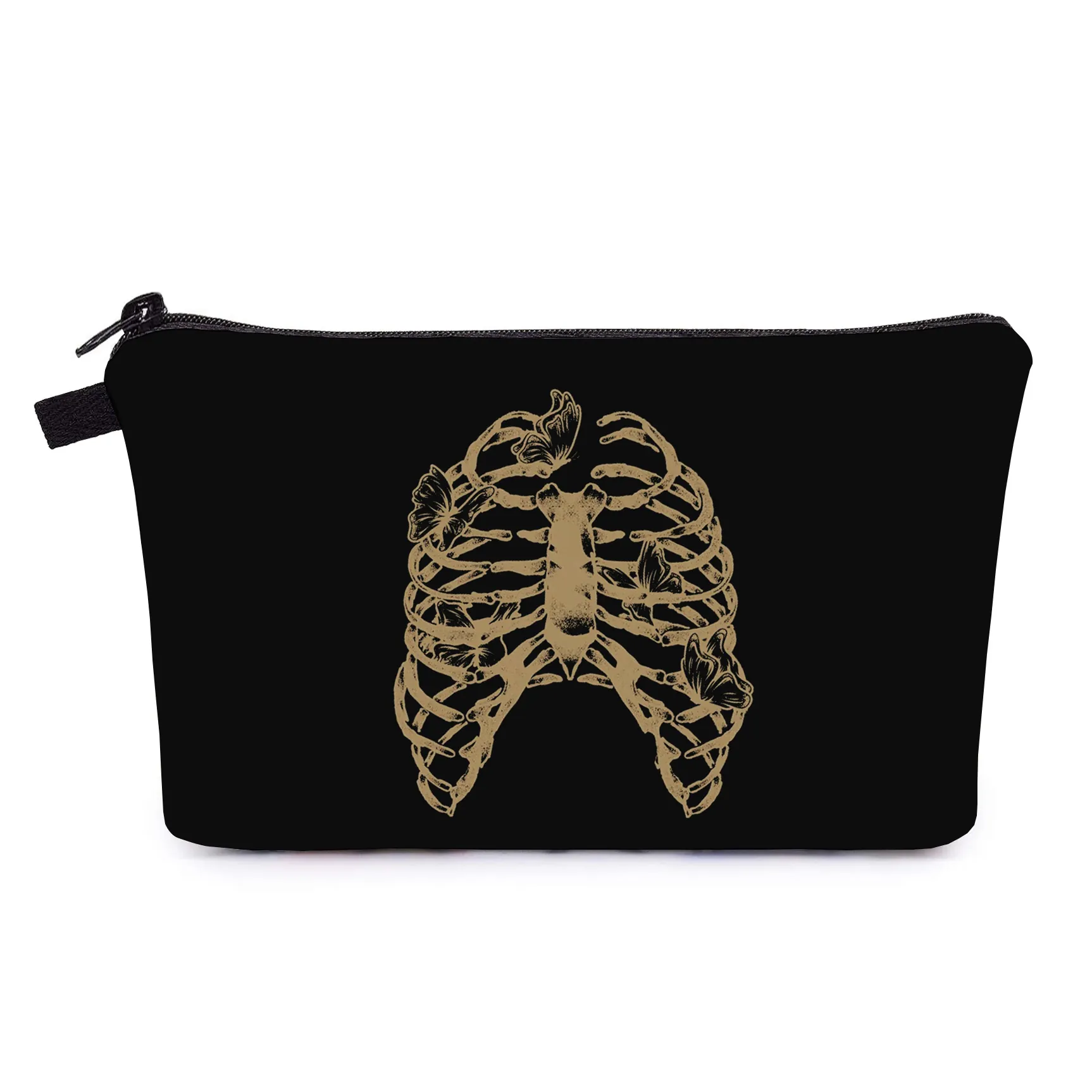 Women Portable Black Polyester Makeup Bag Waterproof Toiletry Case Golden Skull Ribs Butterfly Pattern Graphic Travel Organizer