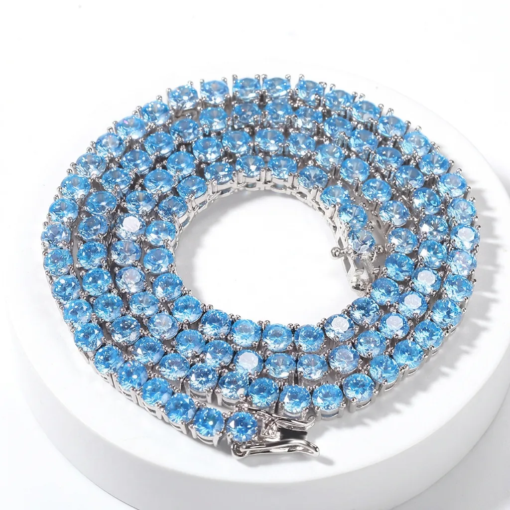 Hip Hop Copper Inlaid Sea Blue Zirconia Tennis Chain Necklace Personalized Fashion Unisex Row Jewelry For Party Gift