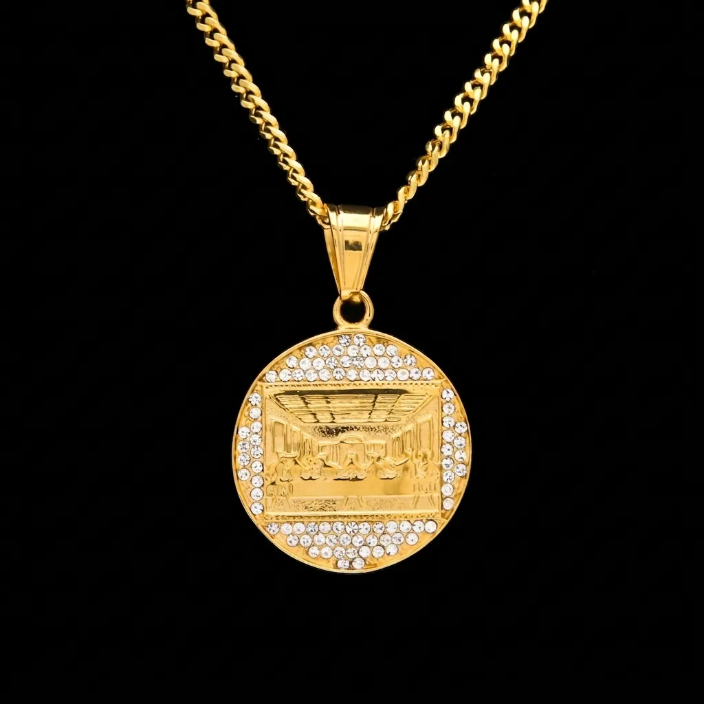 Hip Hop The Last Supper Pendant Necklace Gold Color Stainless Steel Round Religious Jewelry With 3mm Cuban Chain For Unisex