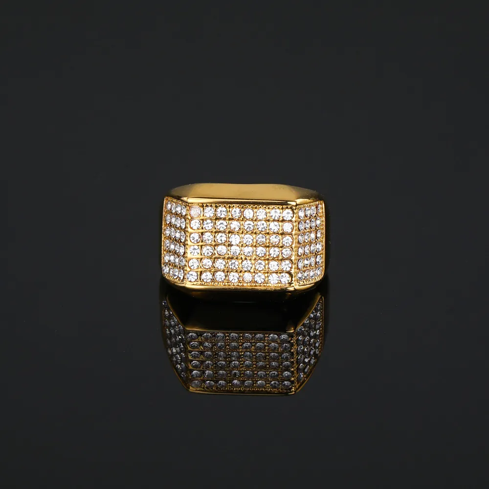 Hip Hop Men Ring Iced Out Gold Plated Stainless Steel Square Signet Ring With Sparkling Zirconia For Party Punk Fashion Jewelry