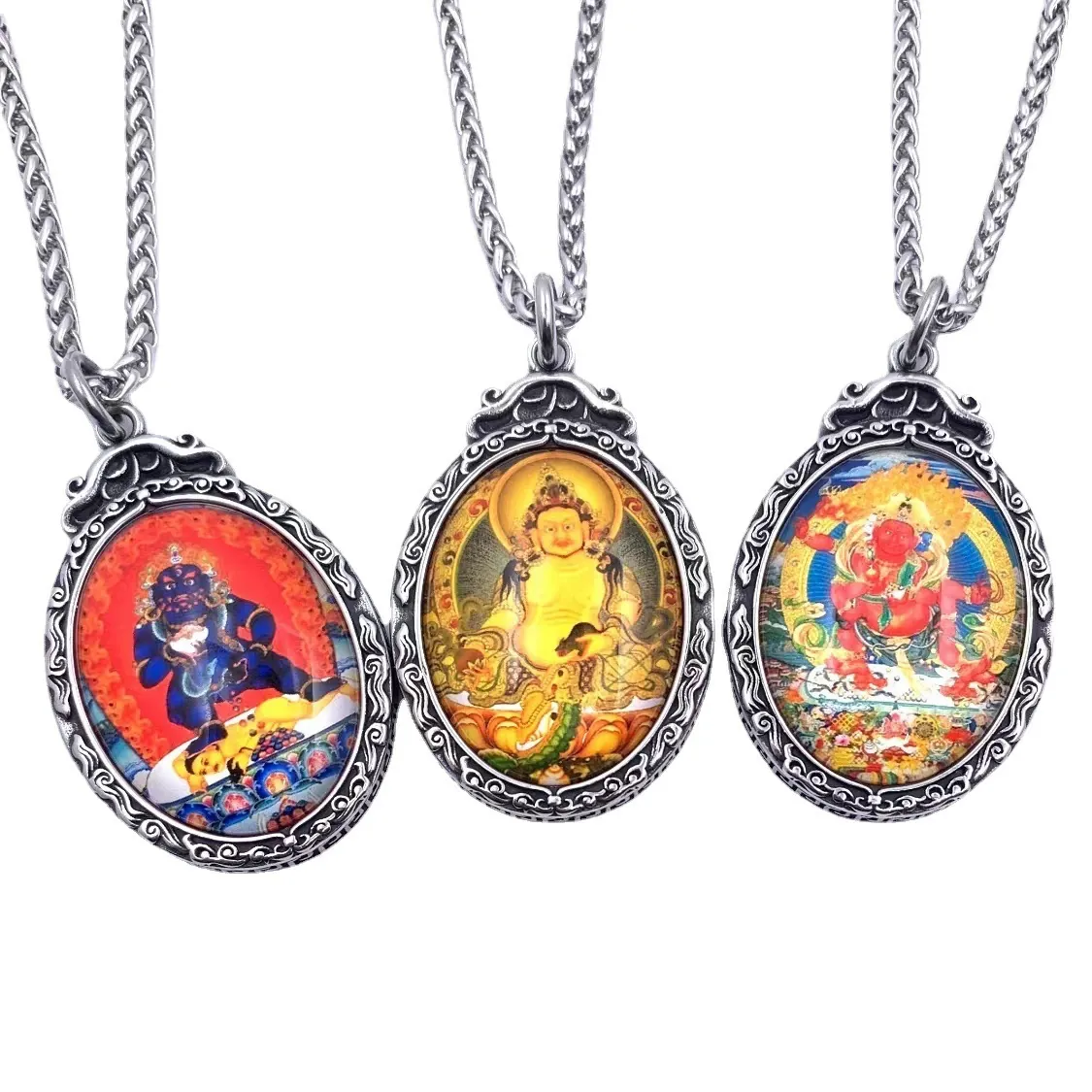 Collier Pendentif Thangka Bouddhisme Tibétain Vintage en Acier au Titane Amulette Religieuse Jambhala Dieu de la Richesse Bijoux en Acier Inoxydable pour Hommes Femmes