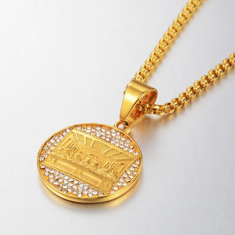 Gold Stainless Steel The Last Supper Pendant Necklace Religious Round Relief Rhinestone Inlaid Box Chain Hip Hop Jewelry