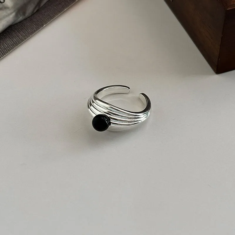 Bague Ouverte Réglable Vintage à Lignes Multicouches en Onyx Noir pour Femmes Style Coréen Bijoux de Bague en Cuivre Plaqué Argent