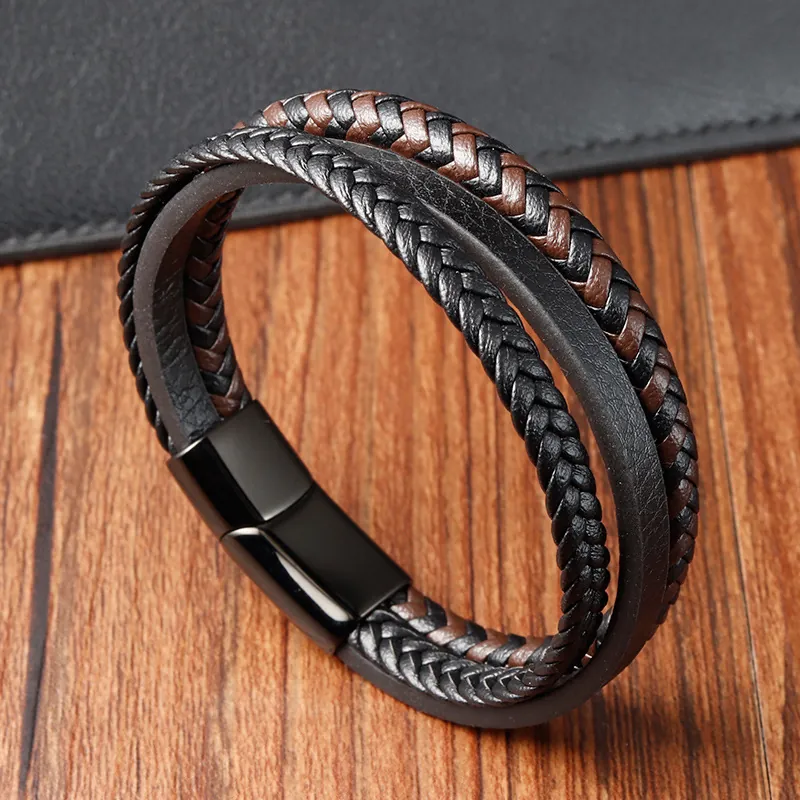 Men Handmade Leather Bracelet 316L Stainless Steel Magnetic Buckle Multi-Layer Braided Casual Vintage Jewelry Gift For Men