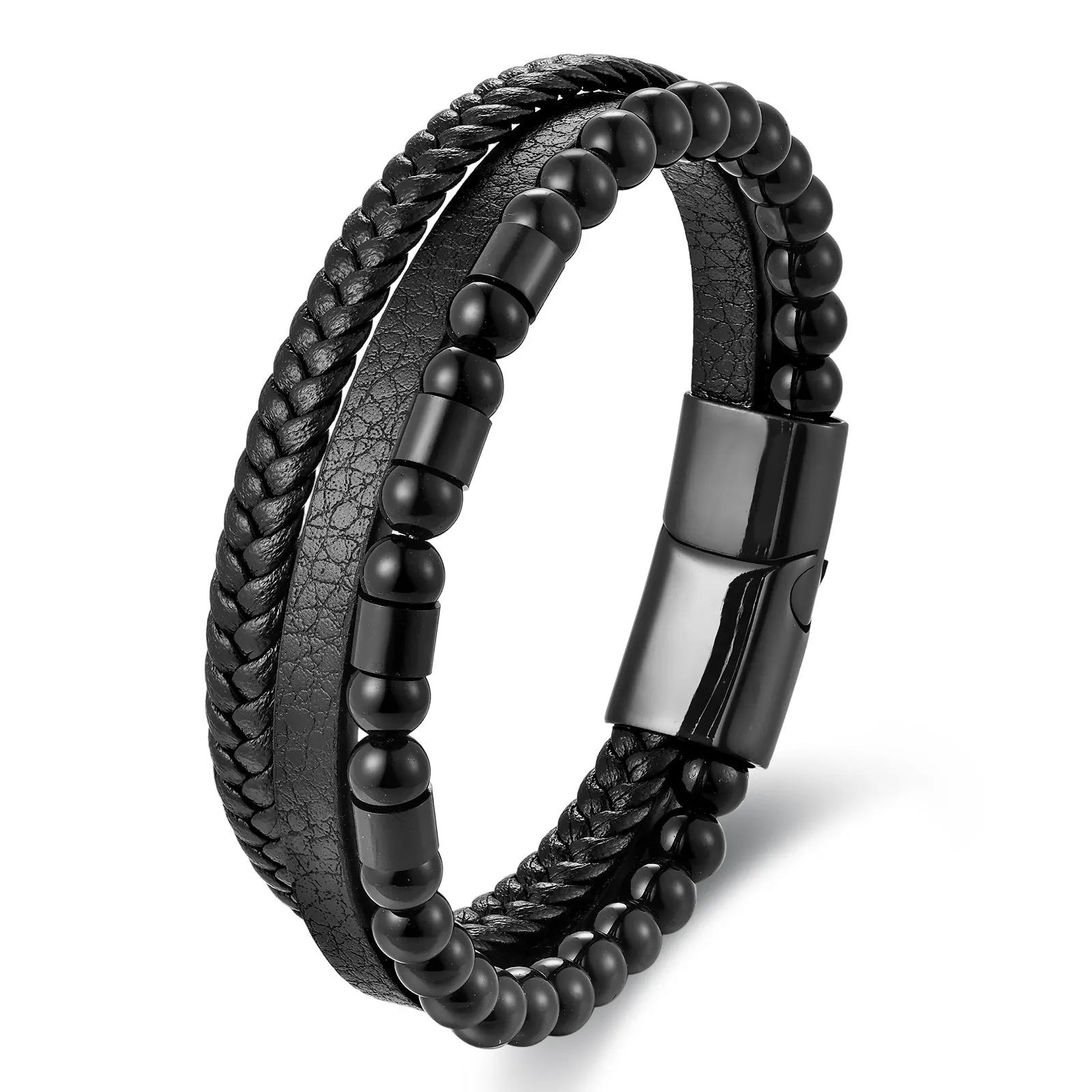 Men's Genuine Leather Bracelet 316L Stainless Steel Multi-layer Braided Wristband Stone Beads Magnetic Clasp Jewelry Gift