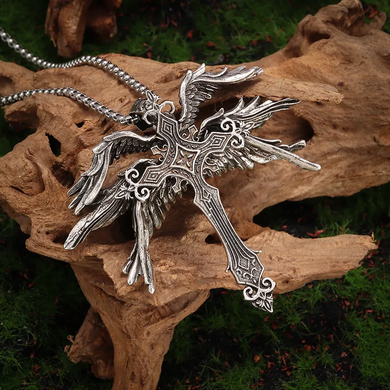 Retro Silver Alloy Cross Pendant Necklace With Angel Wings Gothic Punk Hip Hop Jewelry For Unisex