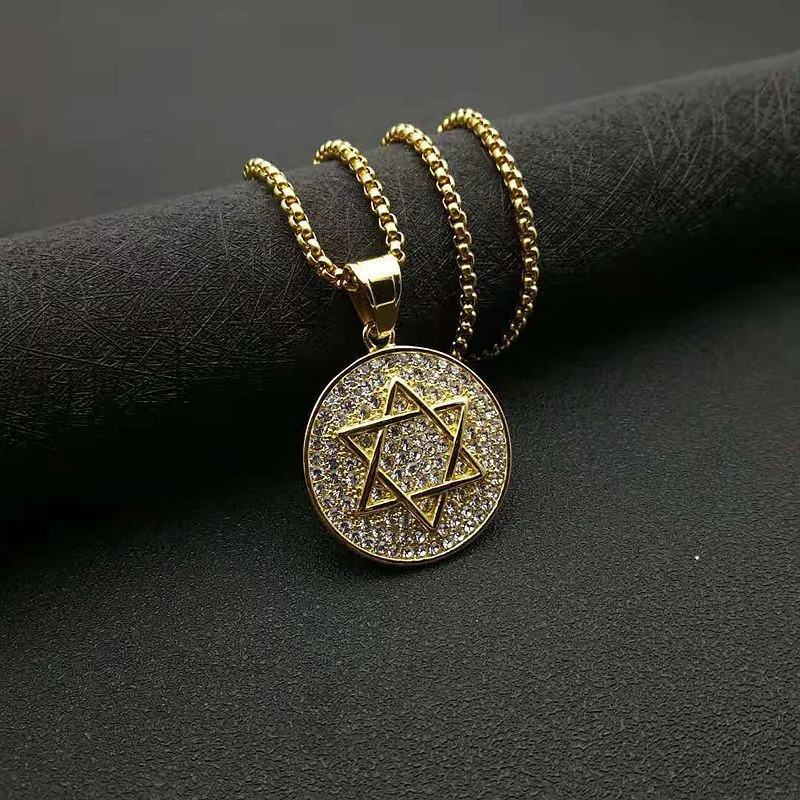 Collier Pendentif Hexagramme Étoile de David en Acier Inoxydable Hip Hop pour Hommes Bijoux avec Strass Brillants Incrustés