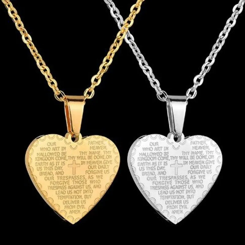 Collier Pendentif Cœur Croix en Acier Inoxydable Gravé Notre Père Bijoux Religieux Commémoratifs pour Hommes Femmes Or Argent