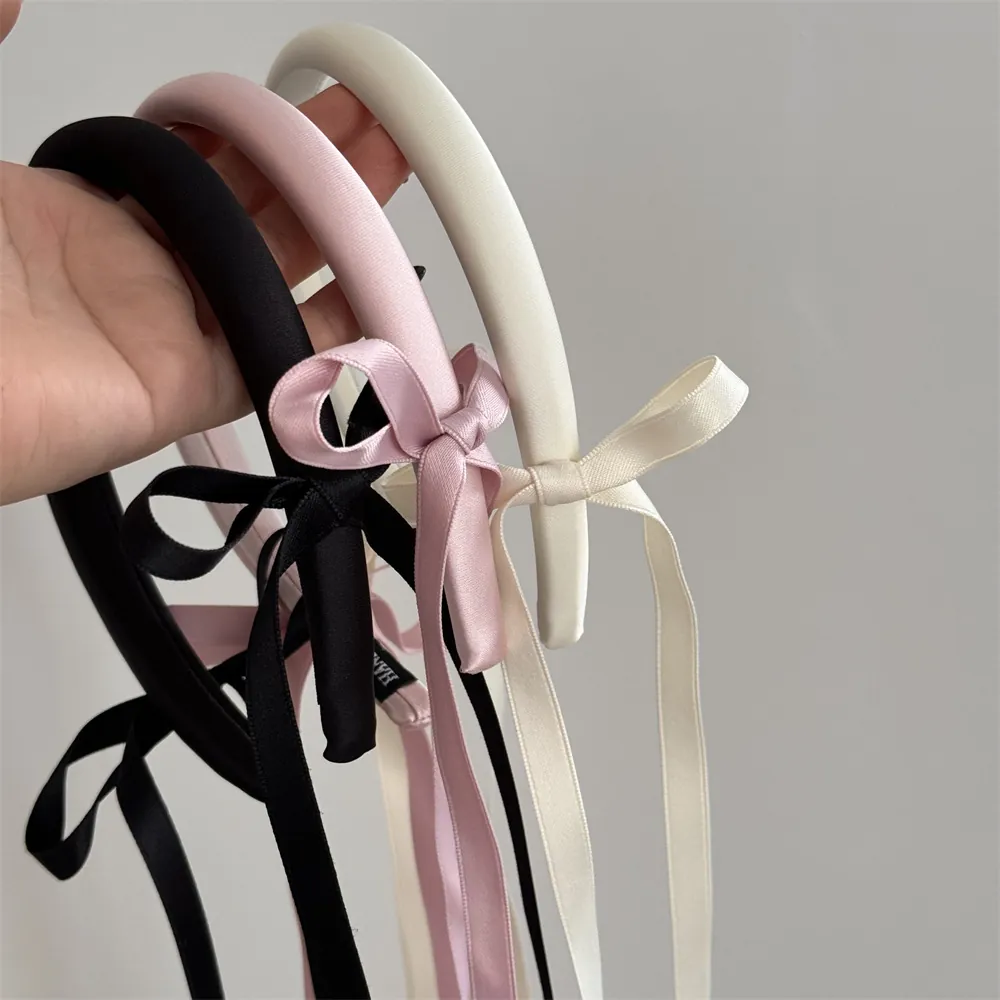 Vintage Satin Bowknot Headband With Long Ribbons Sweet Thickened Padded Hair Band For Women Elegant Daily Hair Accessories