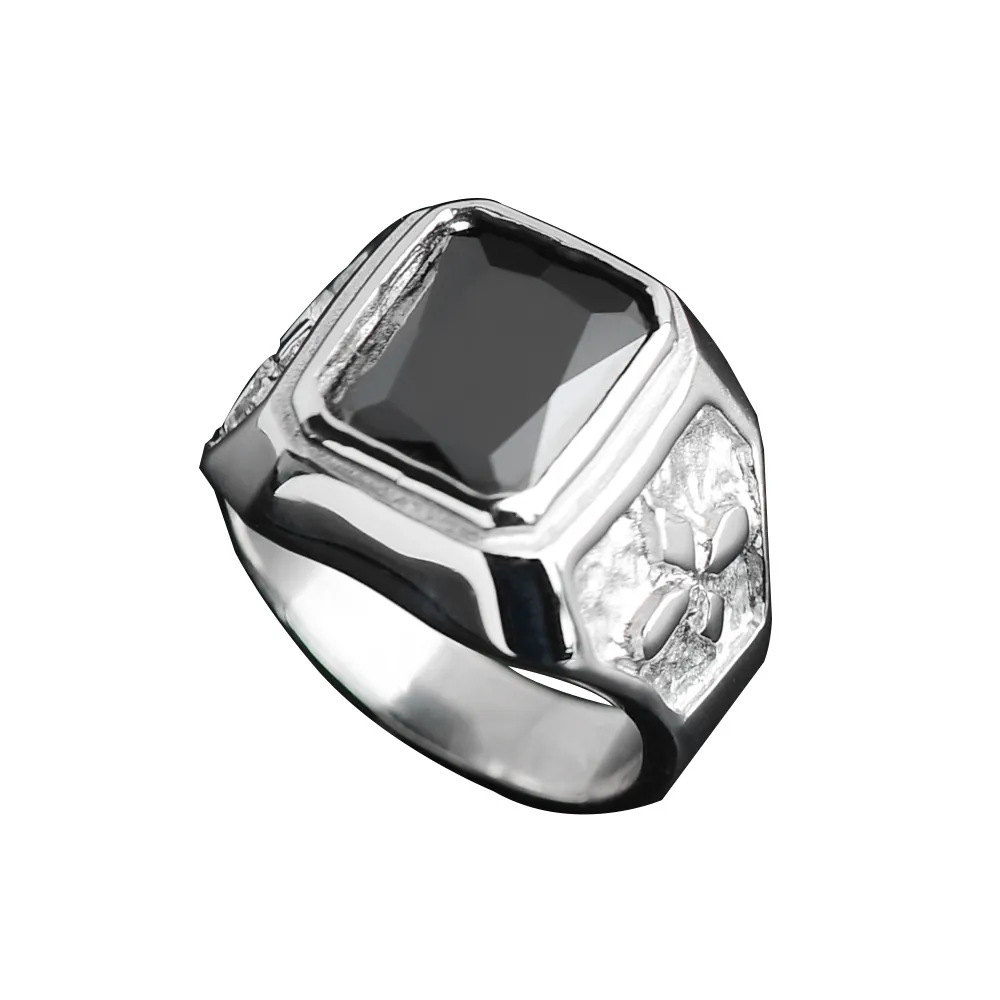 Men Vintage Stainless Steel Ring With Rectangular Black Zirconia Cross Pattern Embossed Rock Texture Punk Gothic Band Ring