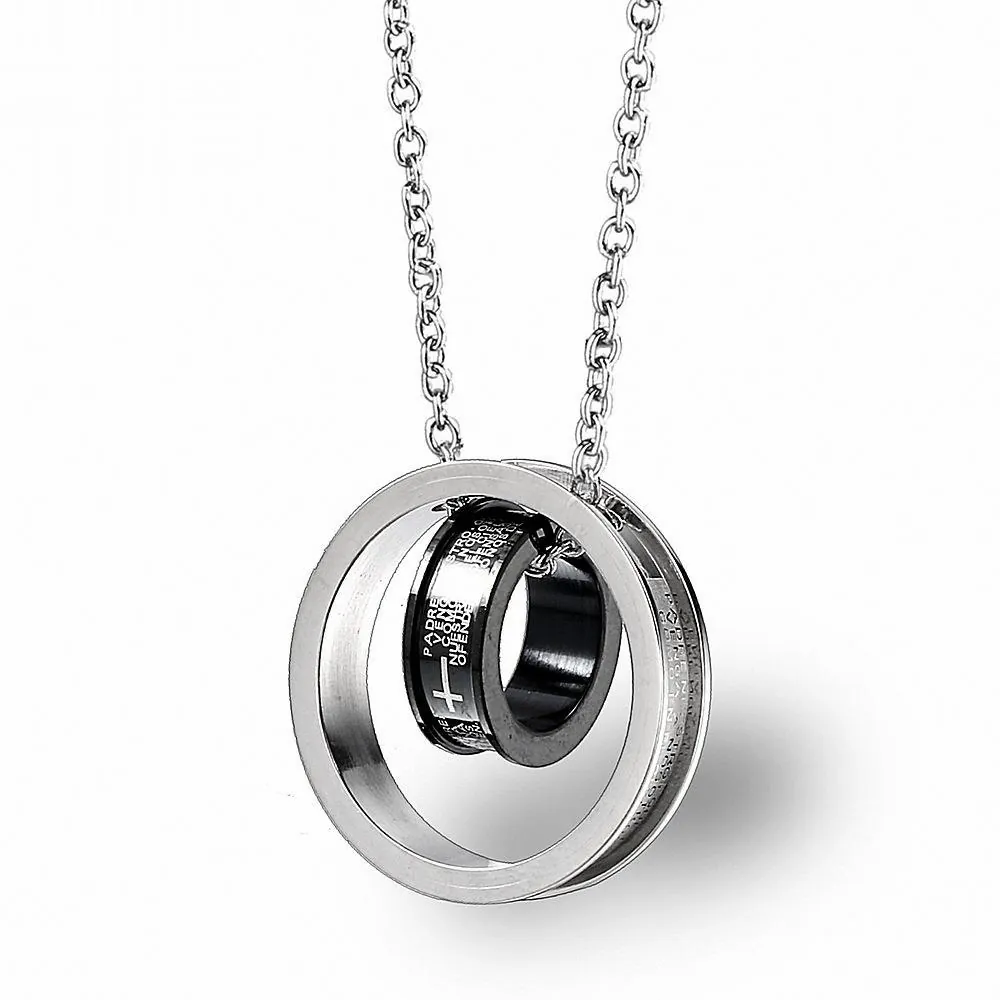 Titanium Steel Double Interlocking Ring Cross Pendant Necklace Spanish Padre Nuestro Religious Scripture Jewelry For Men Women