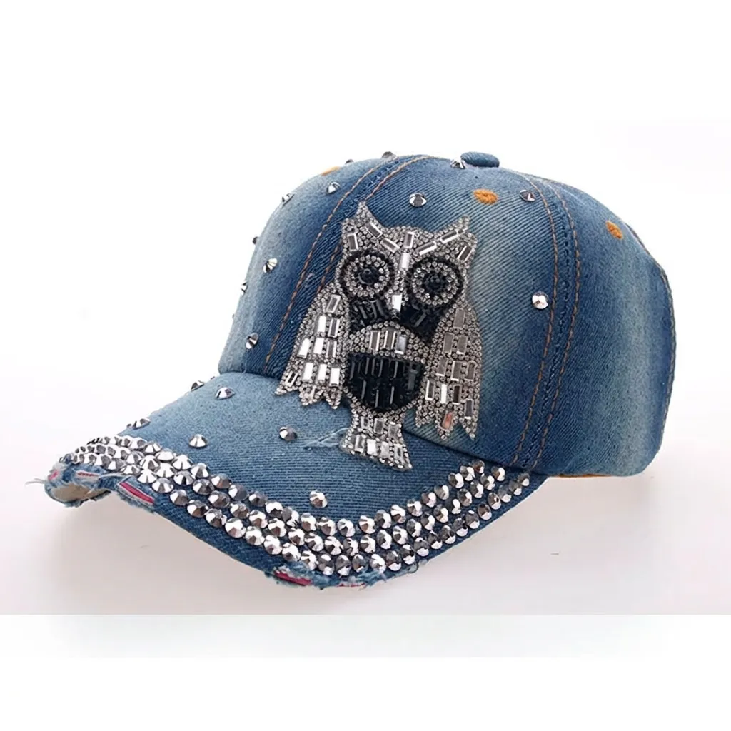Women Owl Rhinestone Denim Baseball Cap Distressed Frayed Studded Punk Style Wash Denim Hat Accessory