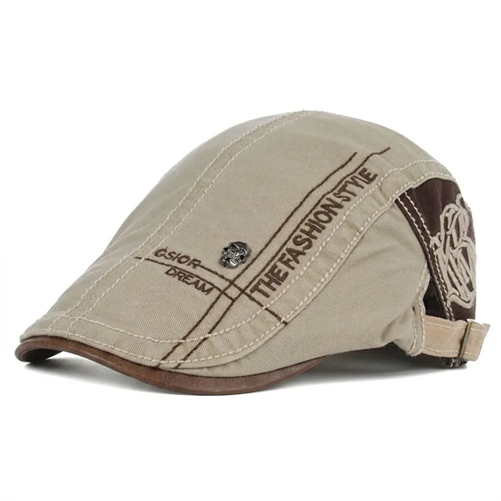 Vintage Cotton Embroidered Letter Flat Cap For Men Adjustable Retro Ivy Beret Hat Casual Sunshade Outdoor Fashion Golf Cap