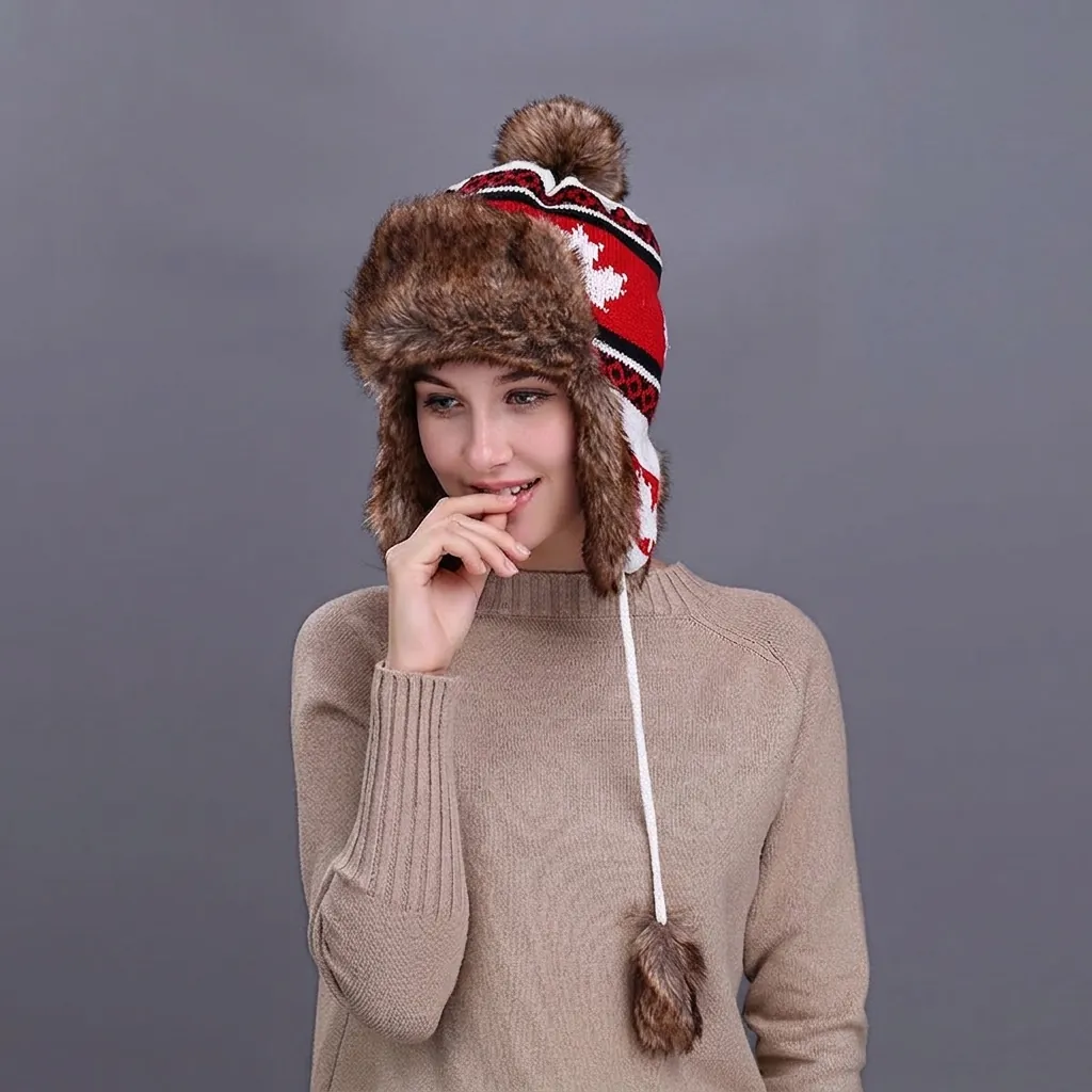 Damen Winter Strickmütze Ohrenklappen Ahornblatt Muster Webpelz Gefüttert Warmer Trappermütze Mit Pompons Outdoor Kappe