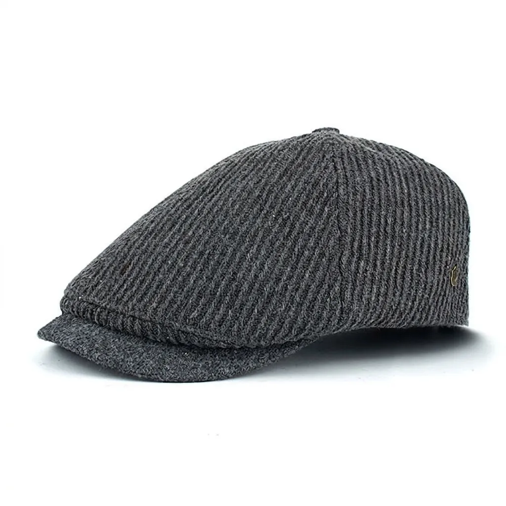 Vintage Men Striped Newsboy Cap Woolen Felt Flat Cap With Metal Badge Adjustable Retro Beret For Autumn Winter Outfits