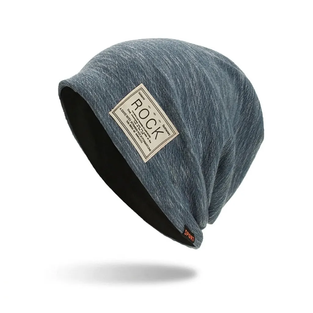 Unisex Knit Slouchy Beanie Hat Double Layer Warm Cotton Blend Heather Marled Skull Cap With Rock Label For Men Women
