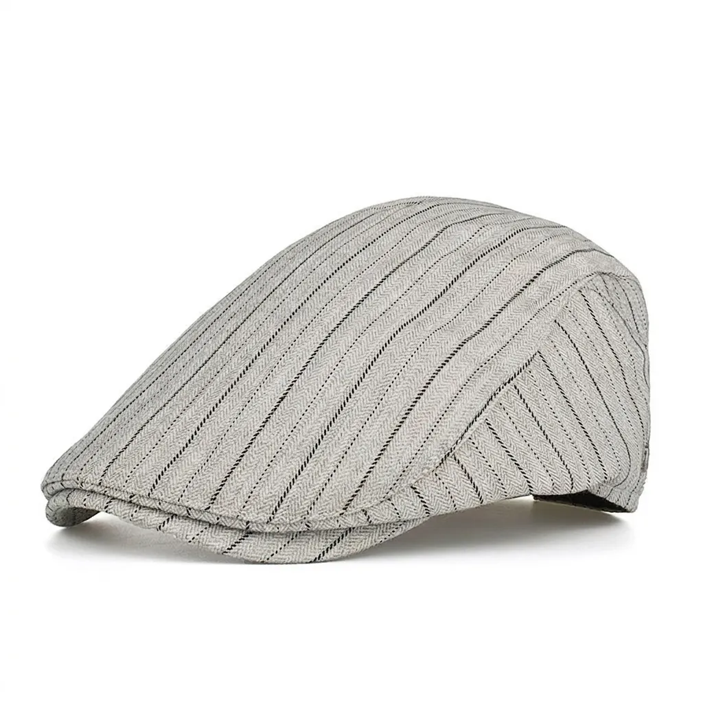 Men's Vintage Herringbone Newsboy Cap Striped Cotton Blend Flat Hat Retro British Style Beret Driving Gatsby Ivy Hat