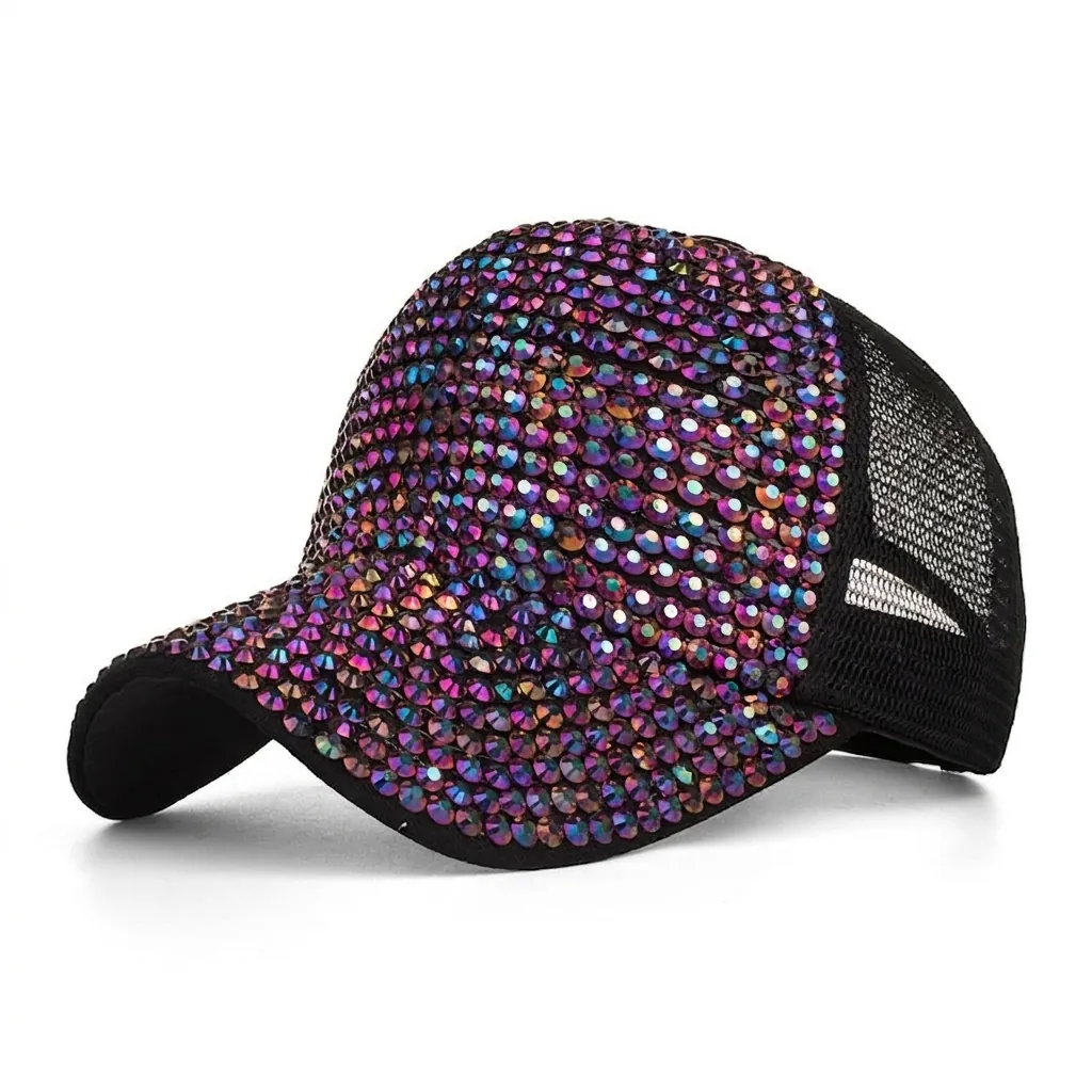 Luxury Rhinestone Baseball Cap Fashion Women Mesh Trucker Hat With Colorful AB Crystals Breathable Outdoor Adjustable Cap