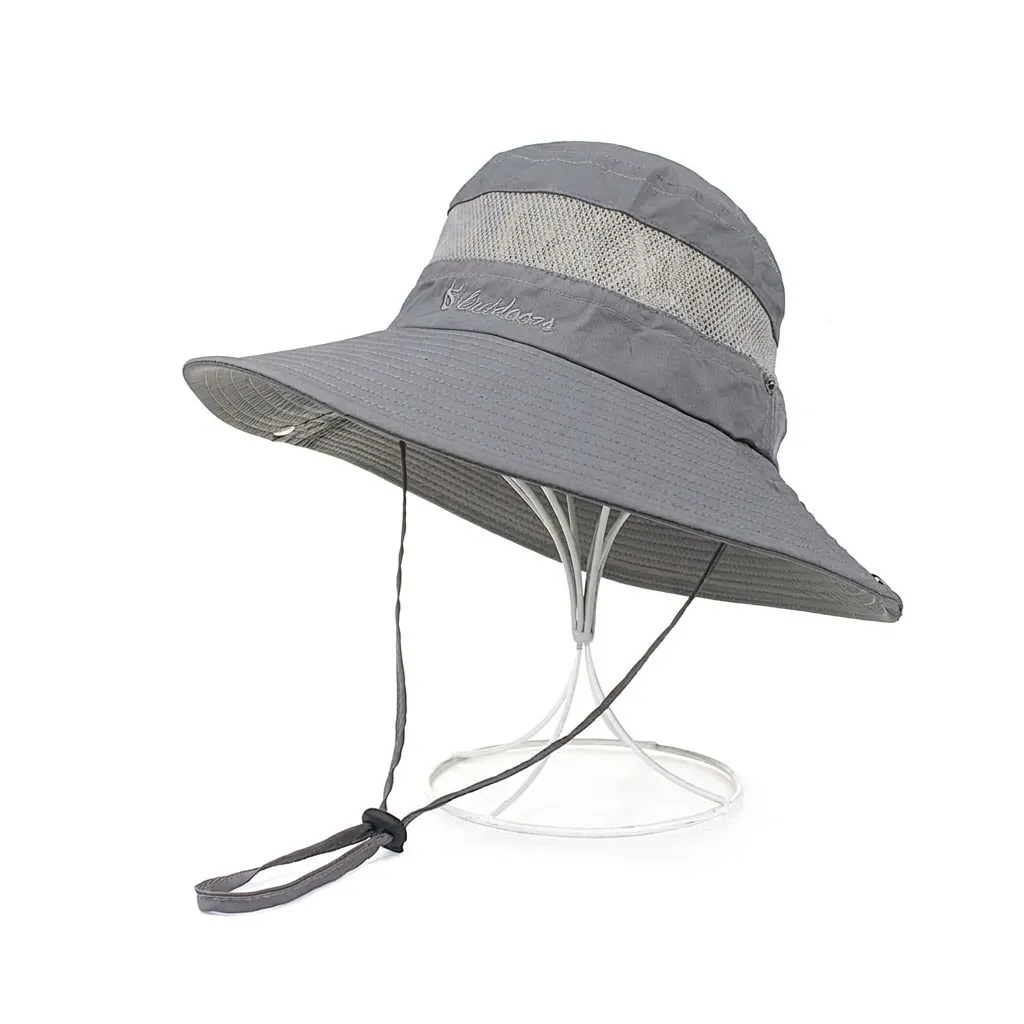 Unisex Outdoor Sun Hat Wide Brim Bucket Hat With Breathable Mesh Adjustable Windproof Rope For Fishing Hiking Travel Summer