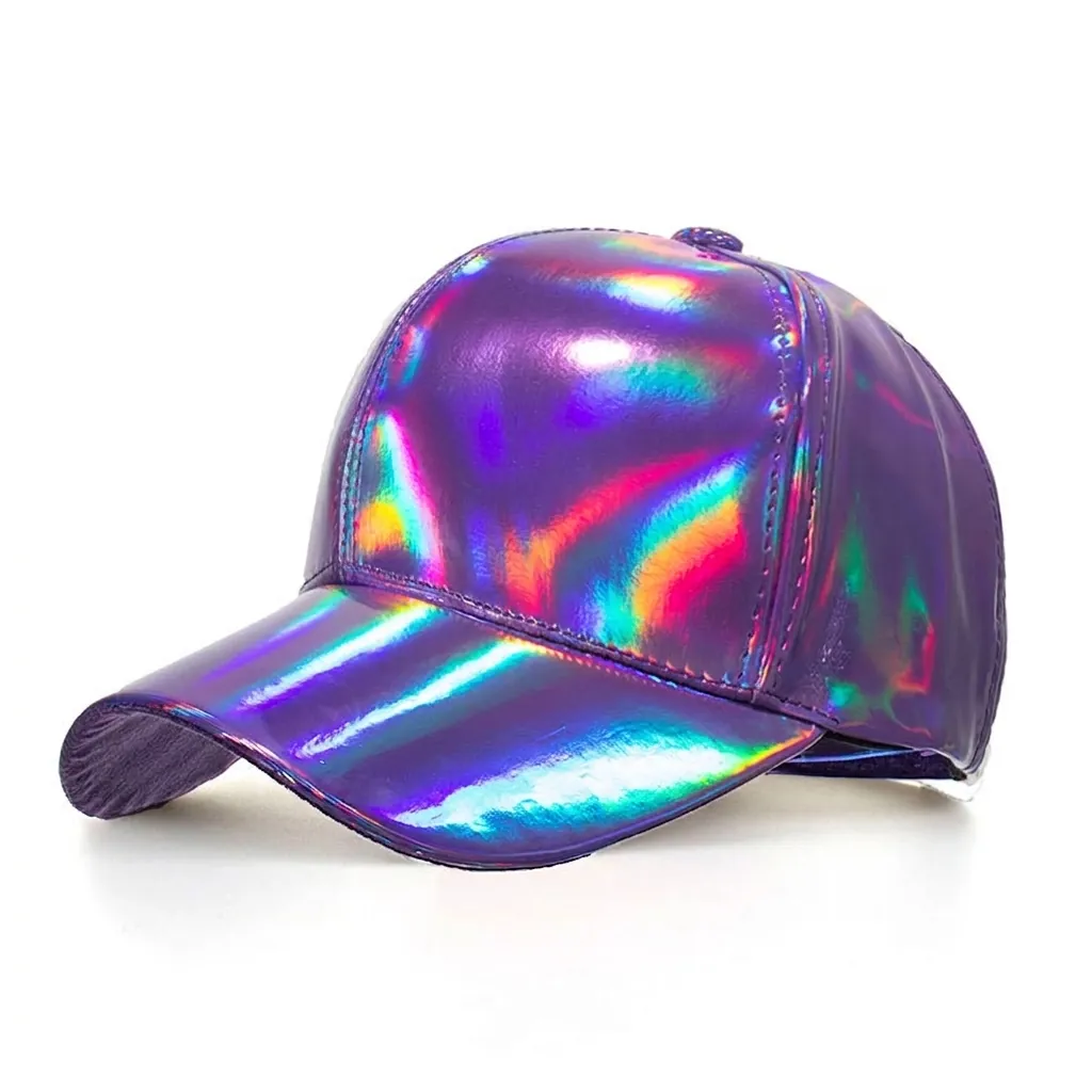 Casquette de Baseball Laser Holographique en Cuir PU Métallique Brillant Chapeau de Soleil Réglable Unisexe Streetwear Fête