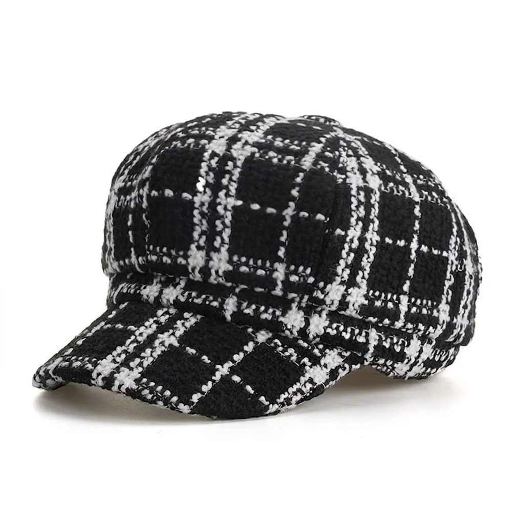Women's Plaid Newsboy Cap Woolen Felt Checkered Beret British Retro Autumn Winter Warm Painter Hat Accessories For Ladies