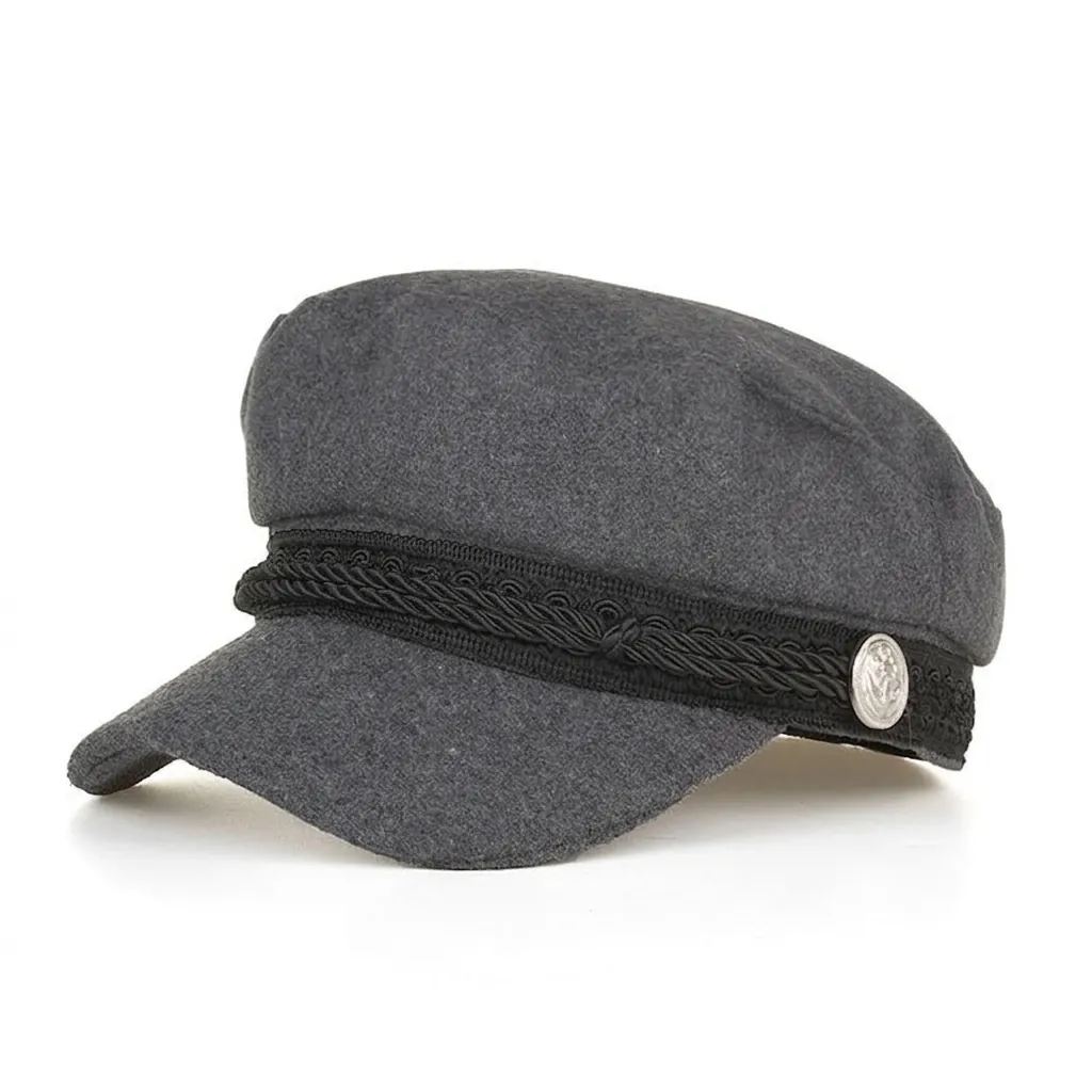 Vintage Woolen Newsboy Cap For Women Men Solid Color Sailor Hat With Braided Rope And Anchor Button Retro Flat Top Beret