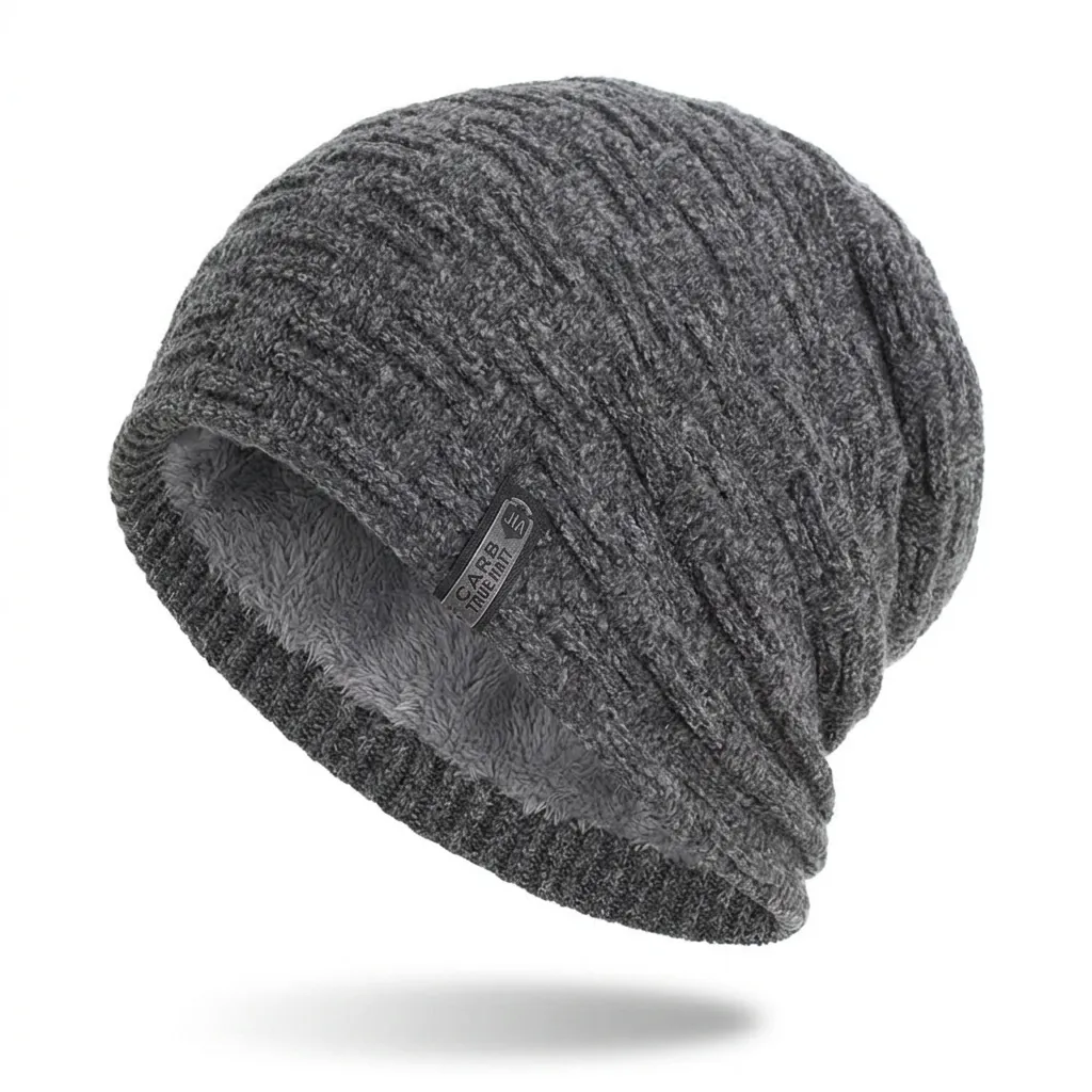 Winter Fleece Lined Knitted Beanie Hat For Men Women Thick Warm Slouchy Skull Cap With Leather Patch Outdoor Knit Hat