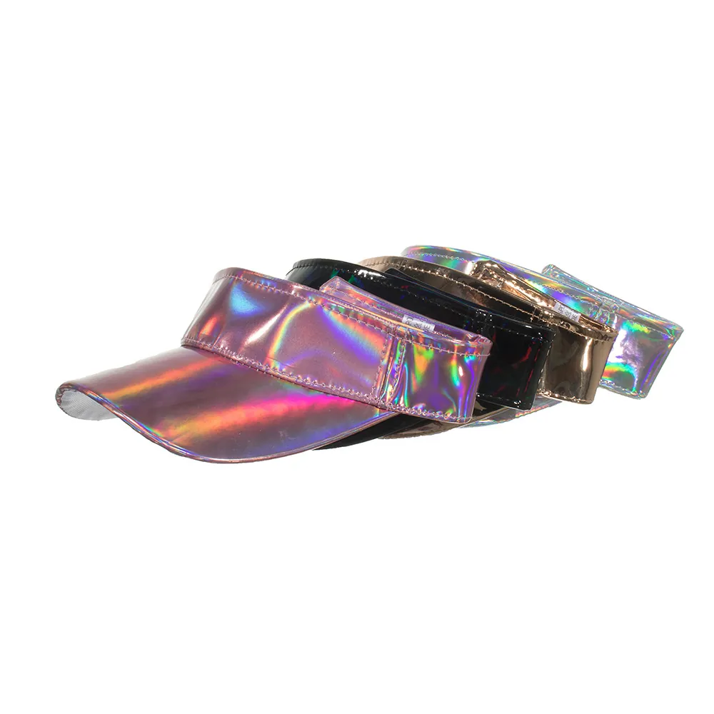 Holographic Laser PU Sun Visor For Women Open Top Adjustable Reflective Metallic Cap Summer Beach Sports Hat