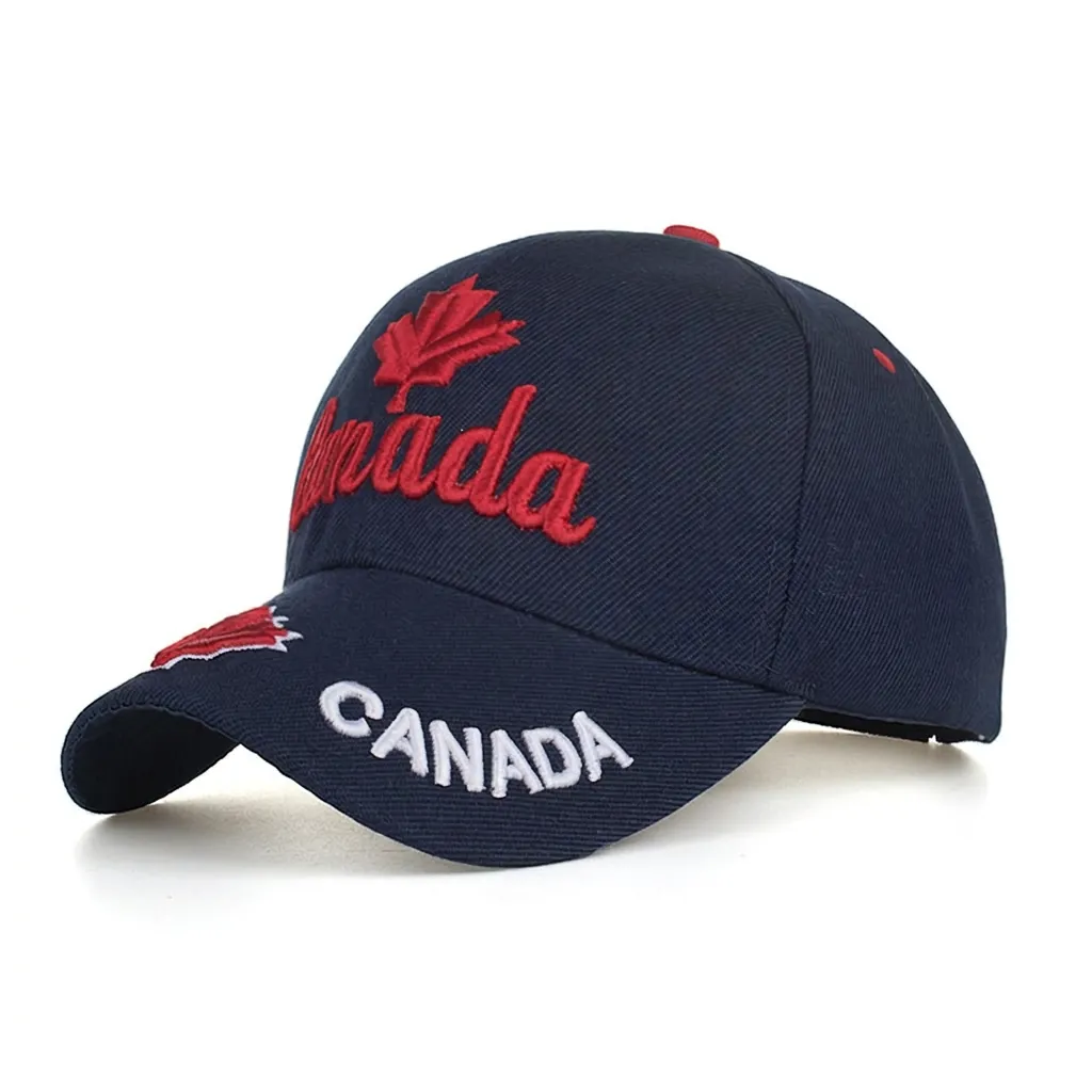 Unisex Canada Maple Leaf Embroidered Baseball Cap Adjustable Navy Blue Outdoor Sport Sun Hat Casual Polyester Headwear