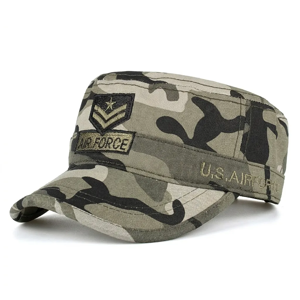 Men's Military Cadet Hat Flat Top Cap Cotton Washed Outdoor Sunshade Camouflage Baseball Cap Army Force Embroidery Adjustable Hat