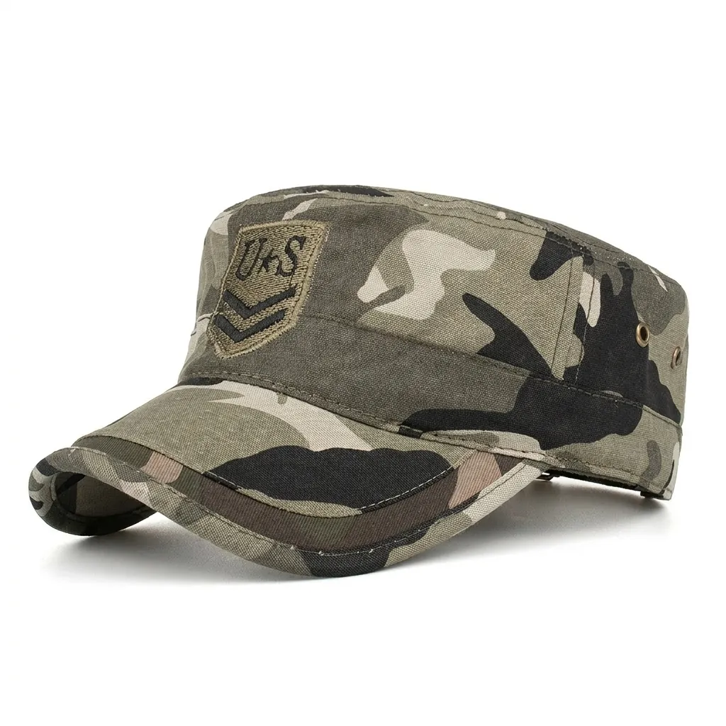 US Army Camouflage Flat Top Military Hat 100% Cotton Washed Patrol Cap Adjustable Outdoor Sunshade Casual Tactical Hat