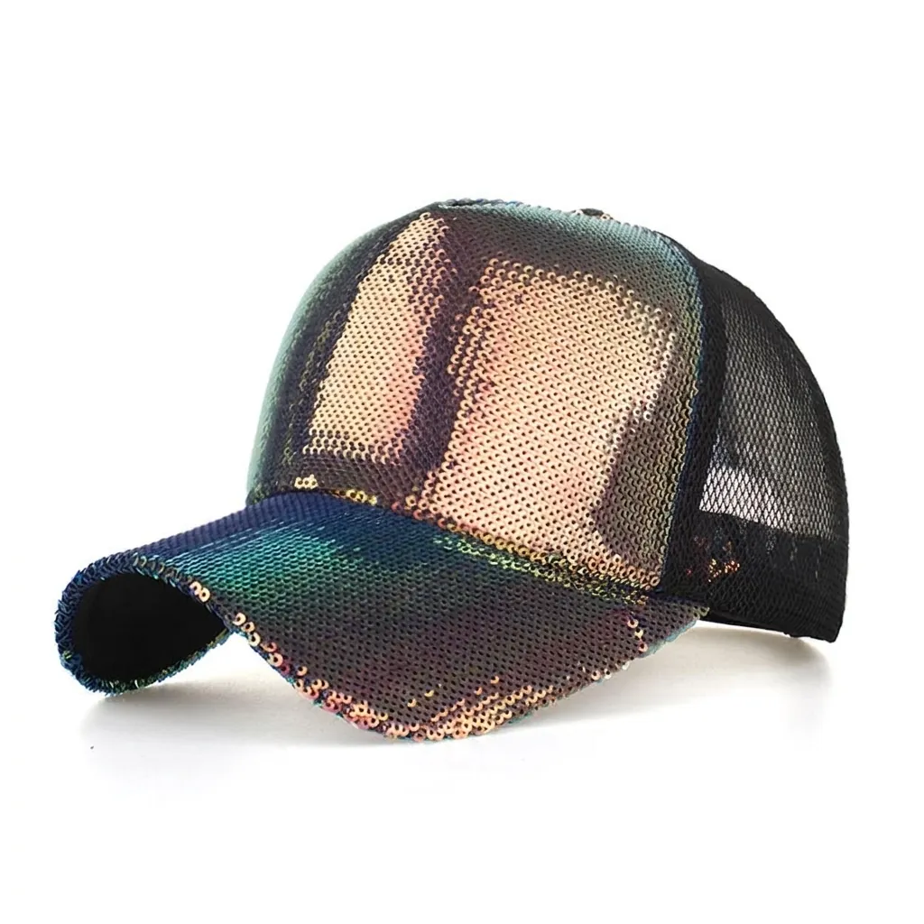 Women Iridescent Sequin Baseball Cap Breathable Mesh Back Trucker Hat Adjustable Snapback Sun Protection Streetwear Hat
