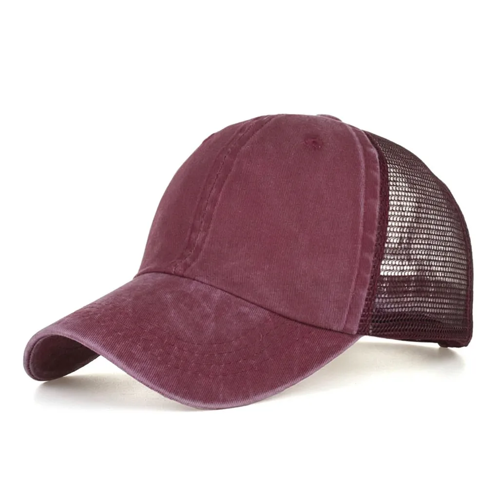 Washed Cotton Ponytail Baseball Cap For Women Distressed Mesh Trucker Hat Breathable Sun Hat Outdoor Adjustable Sports Cap