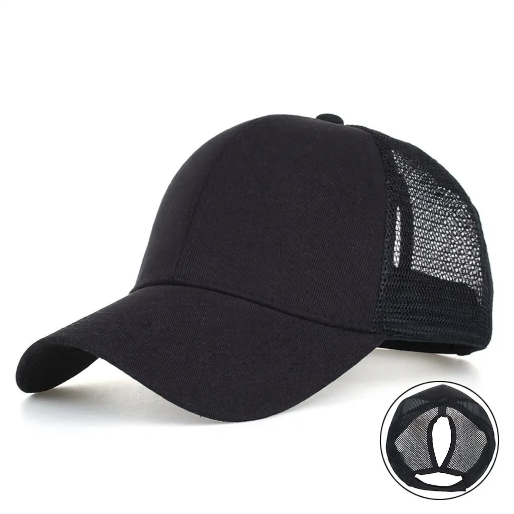 Women Ponytail Baseball Cap Breathable Mesh Trucker Hat Adjustable Outdoor Sun Hat Solid Color Cotton Polyester Sport Cap