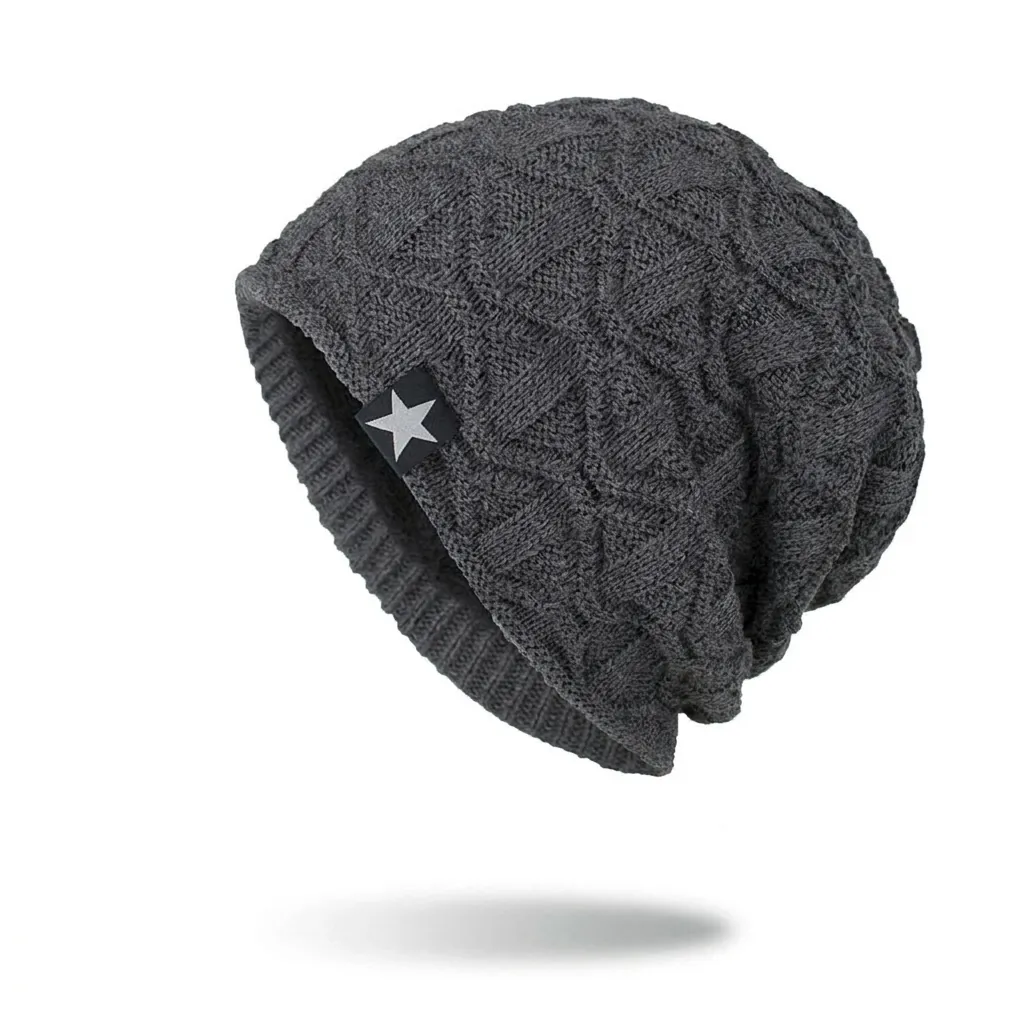 Bonnet en Tricot Chaud d'Hiver Pour Hommes Femmes Doublé Polaire Épaisse Étoile Étiquette Texture Ondulée Géométrique
