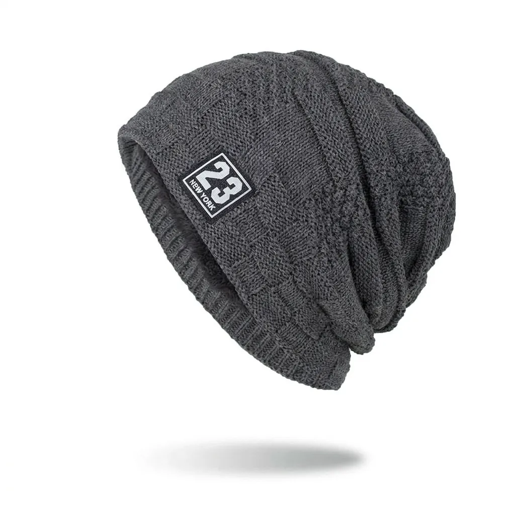 Herren Winter Warm Gestrickte Beanie Mütze Mit New York Patch Fleecegefüttert Gitterstruktur Dicke Weiche Slouchy Skull Cap