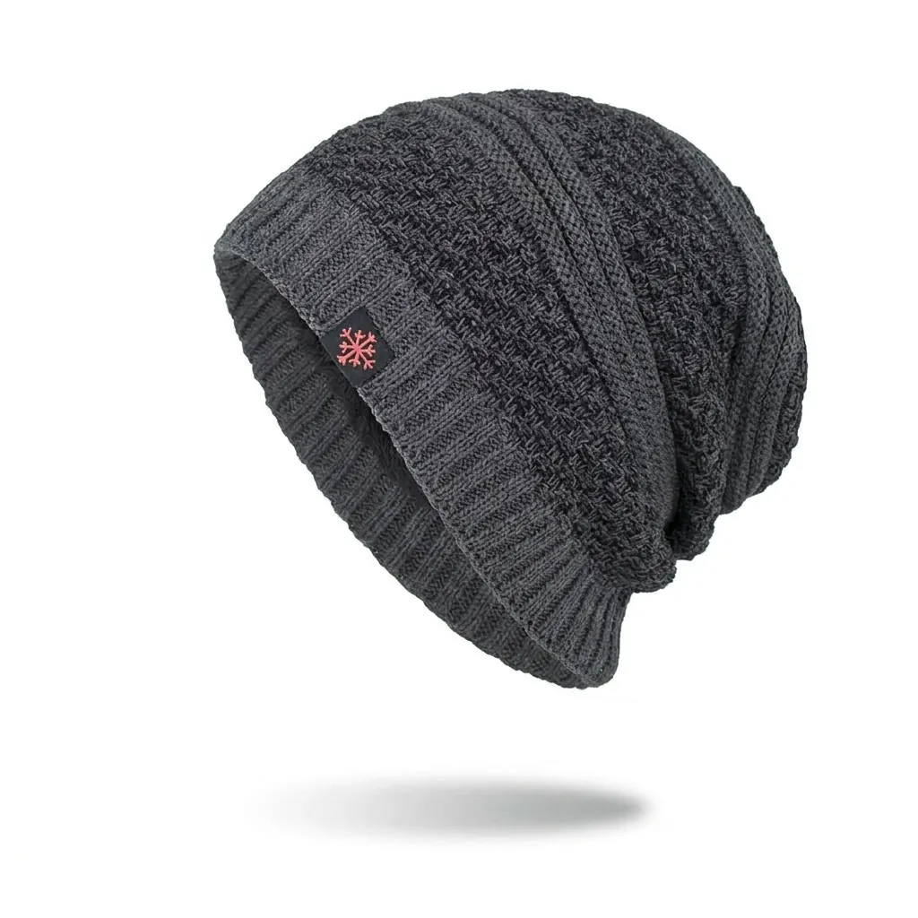 Winter Warm Knit Beanie Hat For Men Women Fleece Lined Acrylic Snowflake Patch Skull Cap Outdoor Thick Slouchy Knit Cap