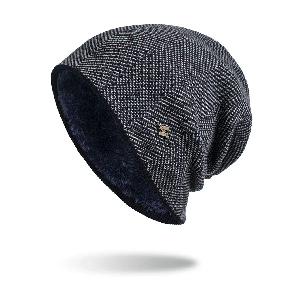Winter Beanie Hat For Men Women Thick Fleece Lined Warm Knit Cap Herringbone Pattern Outdoor Casual Skull Cap With Metal Label