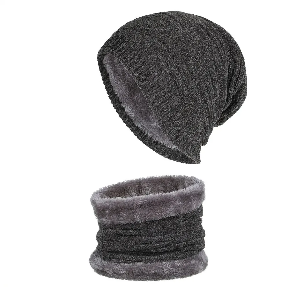 Ensemble Bonnet et Écharpe Thermique d'Hiver Unisexe en Tricot Acrylique Doublé Polaire Chaud Protection Contre le Froid Tour de Cou Décontracté Extérieur Ensemble Deux Pièces