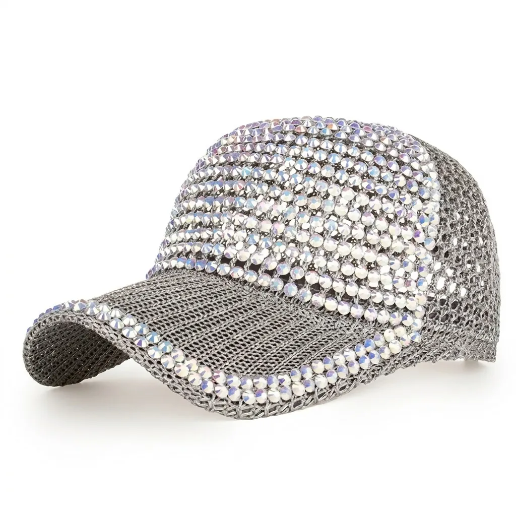 Casquette de Baseball Mode Strass pour Femmes Étincelante Maille Respirante Réglable Chapeau de Soleil en Polyester Été